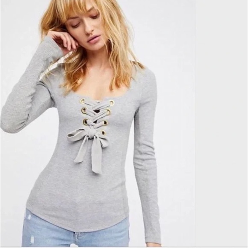 Free People Looking Back Lace-up Top in Grey